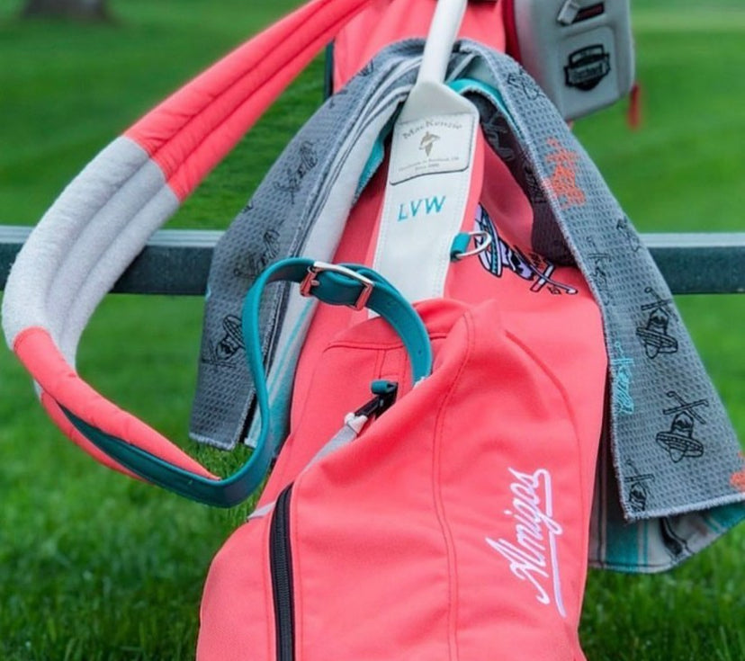 Red Golf Bag with a Gray Golf Caddy Towel
