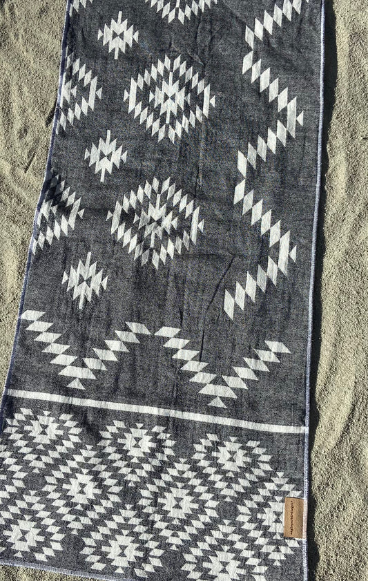 Large Black Nav Surf Golf Towel on Sand