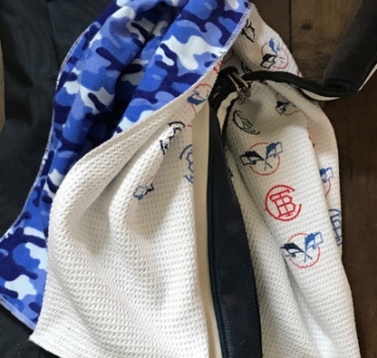 Blue and White Waffle Golf Towel with Custom Logos